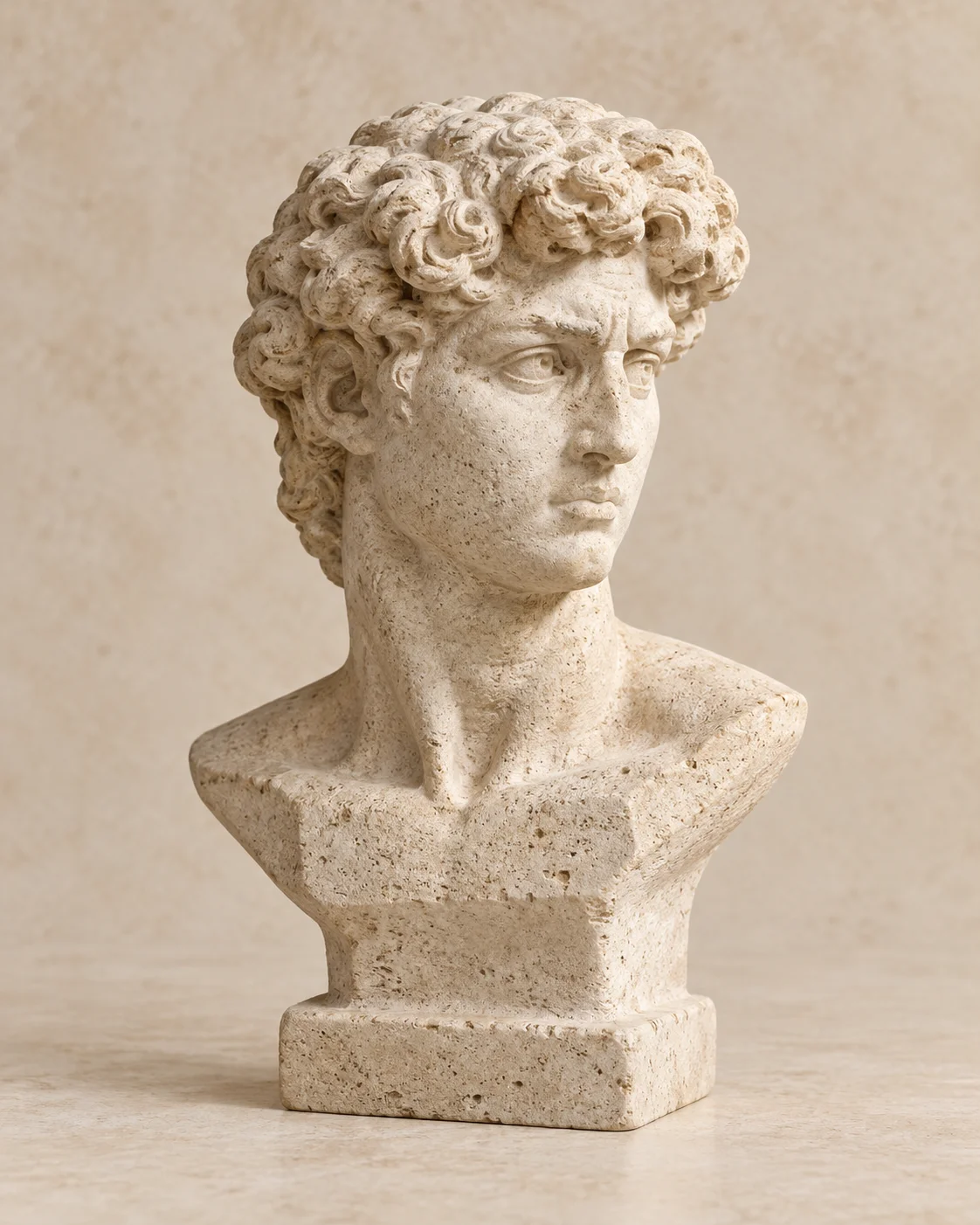 Escultura David en mármol travertino claro sobre fondo cálido de estudio