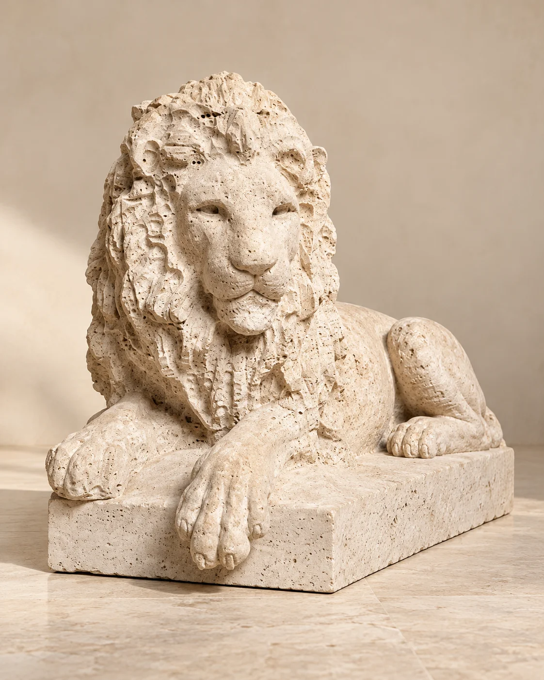 Escultura León en mármol travertino claro sobre fondo cálido de estudio